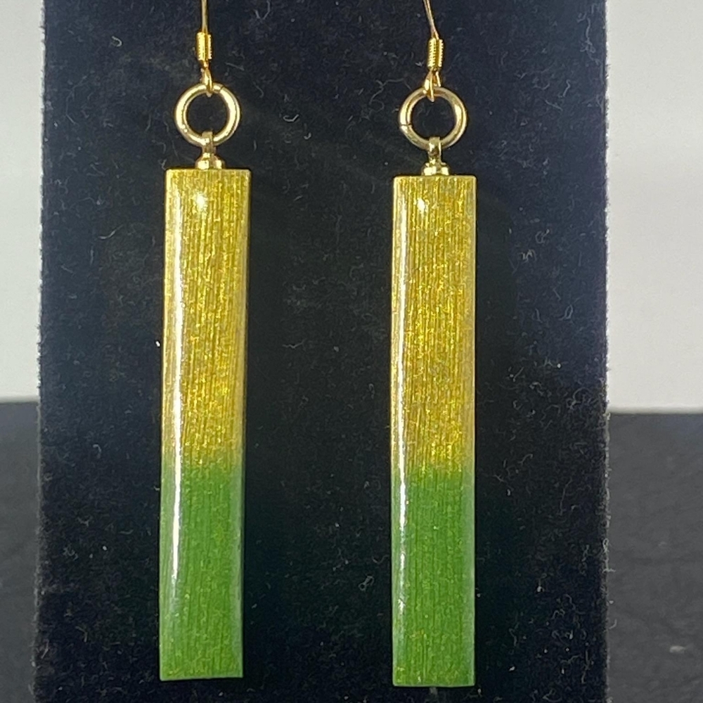 Eclectic Edge Black, Green and Gold Linear Earrings Brushed Steel Look 2.5"